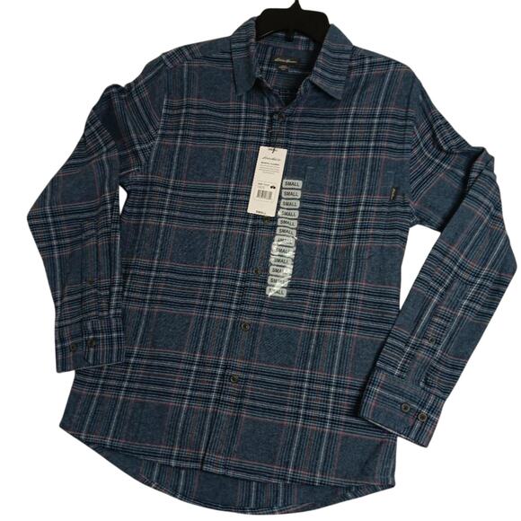 Eddie Bauer Bristol Flannel Shirt Mens Small Blue Plaid Relaxed Fit Casual - Picture 2 of 14